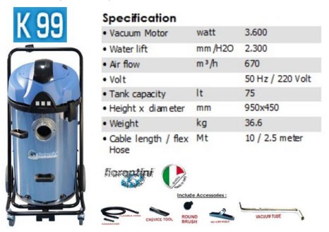 Fiorentini Wet & Dry Vacuum 75ltr Inox With Trolley K99H-D